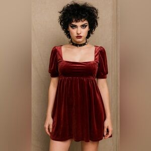 Burgundy Velvet Holiday Party Mini Dress Puff Sleeve Club Goth Babydoll Medium
